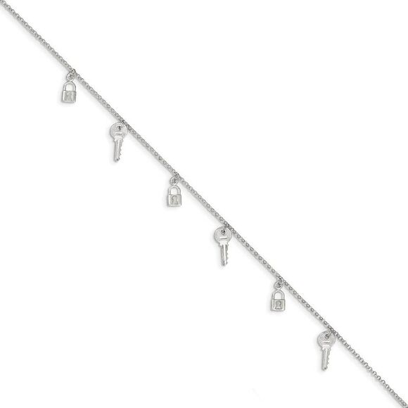 Sterling Silver Lock and Key Charm Anklet, 10 Inch - Picture 3 of 5